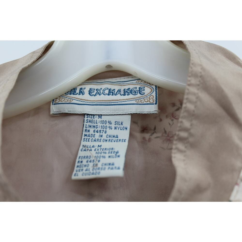 VTG Silk Exchange Medium Tan Pink 100% Silk Bomber Jacket Ditsy Floral Snap - Picture 3 of 6
